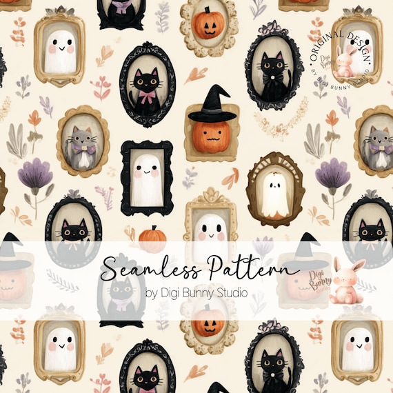 Cute Halloween Frames Seamless Pattern Ghost Black Cat Pumpkins Ghost Seamless Fabric Repeat Pattern Cute kids Trick or treat Watercolor png