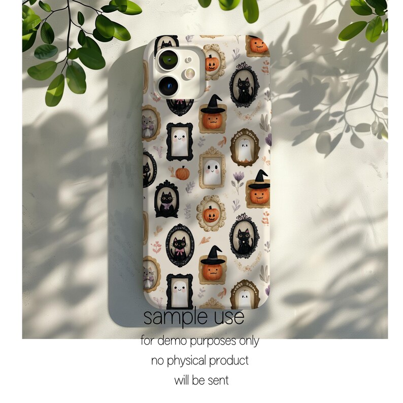 May include: A phone case with a Halloween-themed pattern. The design features framed illustrations of black cats, jack-o'-lanterns, ghosts, and other spooky elements. The case has a white background with a repeating pattern. The text "sample use" is printed on the bottom.