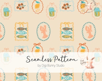 Amalfi Coast Seamless Pattern: Lemons, Sardines, Seafood (PNG)