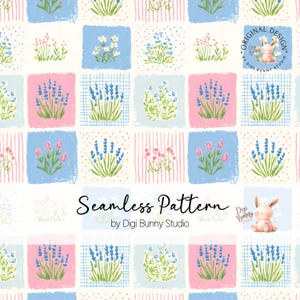 May include: Seamless pattern featuring a repeating floral design. The pattern includes squares with various flowers in pink, blue, and white, set against a cream background. The text "Seamless Pattern" is displayed in the center, with the Digi Bunny Studio logo.