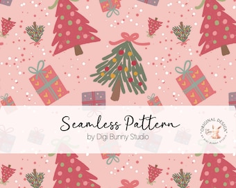 May include: Seamless pattern featuring Christmas trees, gift boxes, and decorative sprigs on a pink background. The design includes the text "Seamless Pattern" and "by Digi Bunny Studio". The overall theme is festive and holiday-oriented.