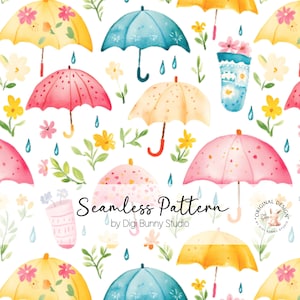 Regendruppels, paraplu's en bloemen Lente naadloos patroon, naadloze bloem, naadloze bloemen, trendy ontwerp, herhaalpatroon, digitaal papier png