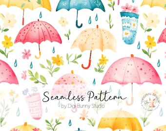 Raindrops, Umbrellas and Flowers Spring Seamless Pattern (PNG)