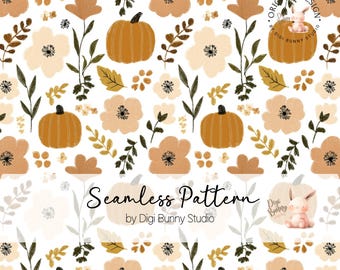Floral Pumpkin Seamless Pattern, Autumn Fall (PNG)