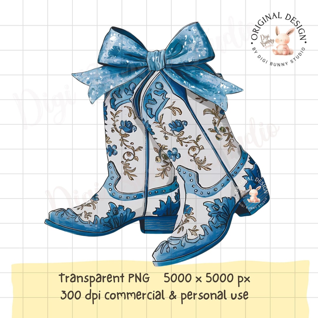Blue Floral Cowgirl Boots PNG, Grandmillennial Chinoiserie (digital ...