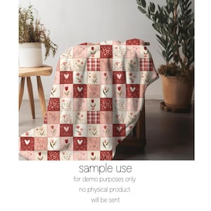 Peut inclure: Une couverture d&eacute;corative avec un motif patchwork. La couverture pr&eacute;sente des carr&eacute;s avec des motifs floraux, de c&oelig;urs et &agrave; carreaux dans des tons de rouge, de rose et de cr&egrave;me. Le texte "sample use" est visible en bas.