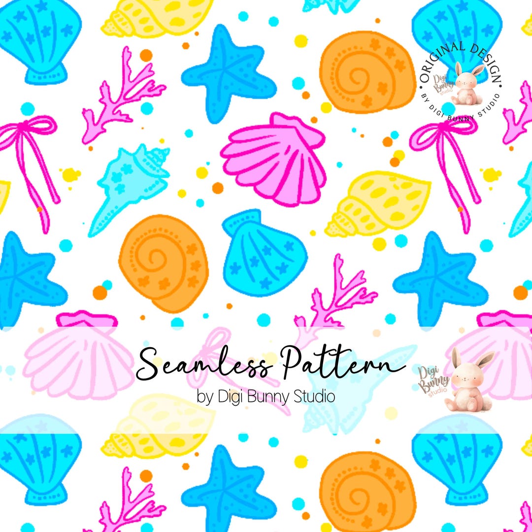 Colorful Seashells Scallops Coquette Bow Seamless Pattern Neon Coastal ...