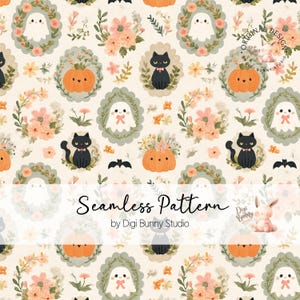 May include: A seamless pattern featuring illustrations of white ghosts, orange pumpkins, and black cats with pink bows, all framed in scalloped borders with floral accents. The text Seamless Pattern by Digi Bunny Studio is overlaid.