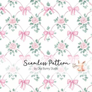 May include: A seamless pattern featuring pink bows, green leaves, and pink roses on a white background. The text "Seamless Pattern by Digi Bunny Studio" is at the bottom of the image. A logo for Digi Bunny Studio is in the bottom right corner.