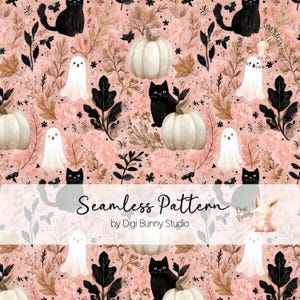 Peut inclure: Motif sans couture avec des chats noirs, des citrouilles blanches, des fantômes et des éléments floraux roses et bruns. Le texte "Seamless Pattern" est affiché sur l'image.
