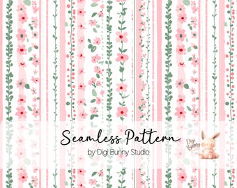 ピンクの花とストライプのシームレスパターン、春の花柄生地パターン、ピンクと緑の小さな花の繰り返しパターン、かわいいパターンPNG