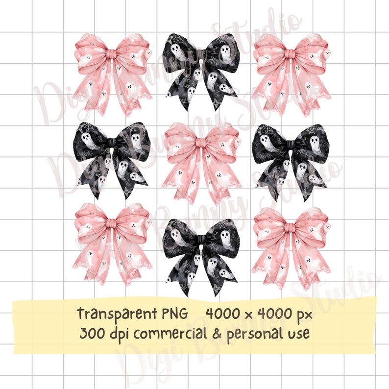 May include: Eight pink bows with white lace trim and black and white ghost patterns. The bows are arranged in two rows of four.