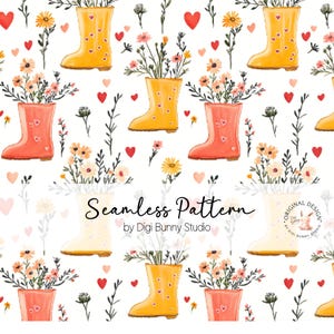 May include: A seamless pattern featuring yellow and pink rain boots filled with colorful flowers and red hearts on a white background. The text "Seamless Pattern by Digi Bunny Studio" is at the bottom of the image.