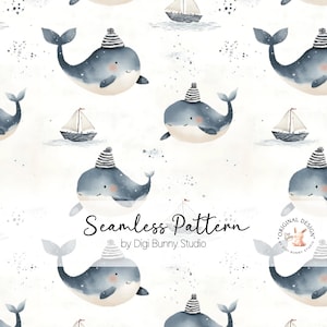 nautical baby whale, seamless pattern, cute sea creature, fabric design, kids clothes print, digital paper, ocean animal art, baby whale png, marine life pattern, children's fabric, underwater theme, sea life design, aquatic nursery