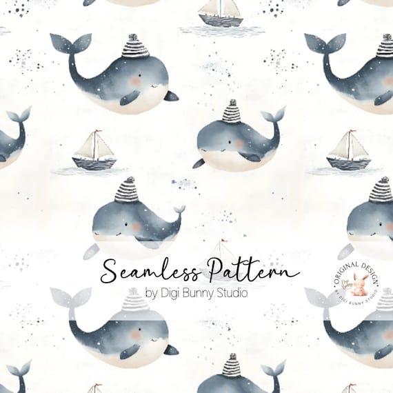 Nautical Baby Whale Seamless Pattern: Kids Clothes, Nursery (PNG Digital Paper)