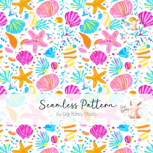 Küsten Seestern Nahtlose Muster PNG | Retro Neon Seashell & Coral Rapport | Bunter Sommer-Strand-Stoff-Entwurf Digital Download Png weiß