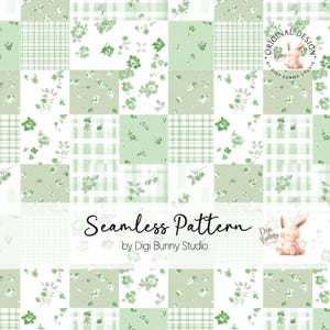 Può includere: Un design a motivo continuo con un patchwork di quadrati verdi e bianchi. I quadrati mostrano motivi floreali, a quadri e a tinta unita. Il testo "Seamless Pattern" e "by Digi Bunny Studio" sono inclusi.