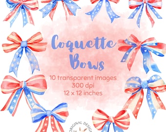 Patriotic 4th of July Coquette Bows Independence Day Red White Blue Soft Girl Era Aesthetic Clip arts Trendy Watercolor Bows Ribbon clipart