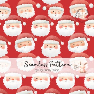 May include: A seamless pattern featuring Santa Claus faces with red hats and white beards on a red background. The pattern includes the text "Seamless Pattern" and the Digi Bunny Studio logo. This festive design is perfect for holiday-themed projects.