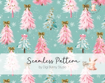 May include: Seamless pattern featuring pink, white, and teal Christmas trees with gold bows and accents, set against a teal background with snowflakes. The text "Seamless Pattern" is displayed.