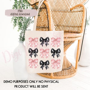 May include: A white tote bag with a repeating pattern of black and pink bows with ghost illustrations. The text "PNG digital download" is visible in the top left corner of the image. The tote bag is sitting on a wicker chair.