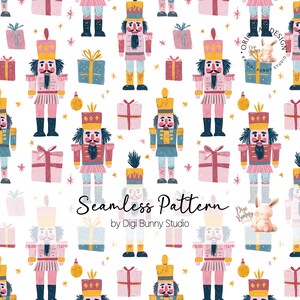 May include: Seamless pattern featuring colorful illustrations of nutcrackers, gift boxes, and ornaments on a white background. The nutcrackers are in various colors, including pink, blue, and gold. The text "Seamless Pattern" is also visible.