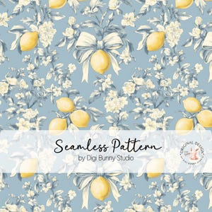 Patrón de tela vintage con estampado de limón y coqueta sin costuras, lazo chinoiserie azul, patrón de limones con repetición femenina retro, patrón floral shabby chic png