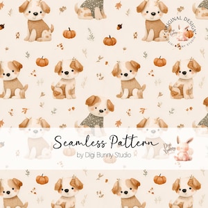 May include: Seamless pattern featuring watercolor illustrations of adorable puppies, pumpkins, and autumn leaves in shades of beige, brown, and orange. The text "Seamless Pattern" and "by Digi Bunny Studio" are also visible.