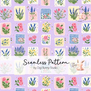 May include: A seamless pattern featuring a repeating design of floral illustrations in various colors, including pink, blue, yellow, and green, set against a light purple background. The design includes roses, lavender, and other flowers within decorative frames. The text "Seamless Pattern" is displayed.