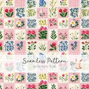 May include: A seamless pattern featuring a grid of pink squares with various watercolor floral illustrations. The flowers include roses, tulips, and daisies, set against a cream background. The text "Seamless Pattern" is displayed.