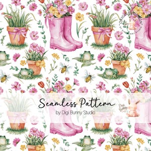 Lentetuin roze laarzen bloemen coquette naadloos patroon schattig kikker bloemen naadloos trendy ontwerp, stof herhaalpatroon, digitaal papier, png