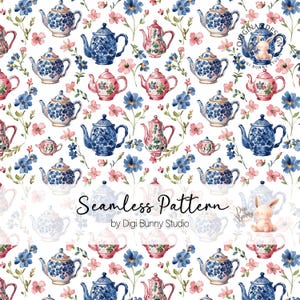 Blauwe bloemen theepotten chinoiserie naadloos patroon theetijd bloemen aquarel toile lente vintage retro theepotten herhalend patroon png
