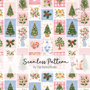 May include: A seamless pattern featuring rectangular blocks with illustrations of Christmas trees, holly berries, and floral bouquets in pink, blue, and white. The text Seamless Pattern by Digi Bunny Studio is centered over the repeating design.