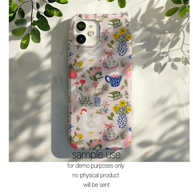 May include: A phone case featuring a whimsical design with chickens, teacups, books, and vases of flowers in pink, yellow, and blue. The case has a light pink background. The text "sample use" is visible. The design has a farm and floral theme.