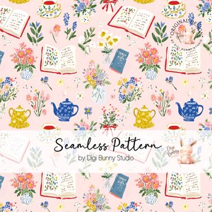 May include: A seamless pattern on a pink background featuring illustrations of books, teacups, teapots, and bouquets of flowers. The text "Seamless Pattern" is displayed in a cursive font. The design includes a bunny illustration.