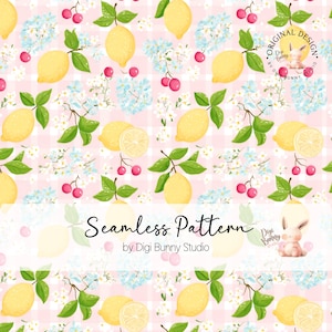 Puede incluir: Patrón sin costuras con limones amarillos, cerezas rojas y flores azules sobre un fondo rosa a cuadros. El diseño incluye el texto "Seamless Pattern" y el logotipo de Digi Bunny Studio.