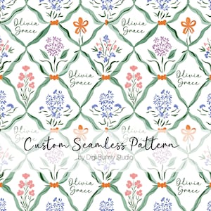 Peut inclure: Un motif sans couture avec un motif répété de vignes vertes, de nœuds orange et de bouquets de fleurs roses, violettes et bleues. Le texte "Olivia Grace" est répété sur tout le motif.
