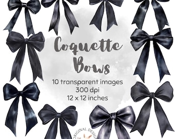 Black Coquette Bows Clip Art, Watercolor Ribbon PNG (Digital Download)