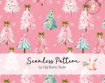 May include: Seamless pattern featuring watercolor Christmas trees in pink, white, and teal, adorned with gold bows and glitter. The trees are set against a pink background with snowflakes. Text reads "Seamless Pattern" by Digi Bunny Studio.