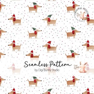 Peut inclure: Motif sans couture avec des teckels de dessin animé portant des bonnets et des écharpes de Noël, sur fond blanc parsemé de pois rouges et noirs. Le texte "Seamless Pattern" est affiché.
