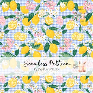 May include: Seamless pattern featuring yellow lemons, pink flowers, and green leaves on a blue and white gingham background. The design includes the text "Seamless Pattern" and "by Digi Bunny Studio".