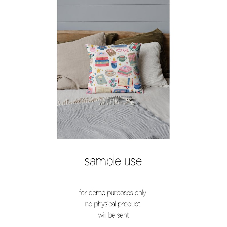 May include: Square throw pillow with a white background and a colorful pattern of books, teacups, glasses, and flowers. The pillow is on a bed with other pillows and a gray blanket. The text "sample use" is below the pillow.