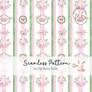 Op de afbeelding: Een naadloos patroon met roze en groene strepen met roze bloemen en strikken. De tekst "Seamless Pattern by Digi Bunny Studio" staat onderaan de afbeelding. De tekst "Original Design by Digi Bunny Studio" staat in een cirkel rechtsboven in de afbeelding.