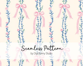 ピンクのリボンと青いつるの花柄のシームレスパターン（PNG）