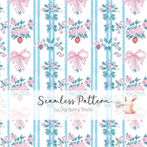 Fraise et noeuds rayures bleu pastel rose motif transparent fille douce esthétique répétition tissu motif floral fraises Coquette noeud Png