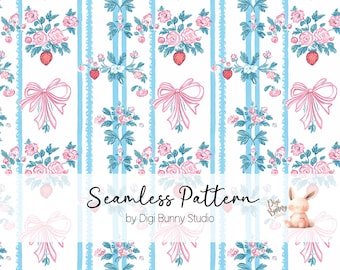 Strawberry Bows Seamless Pattern, Pastel Pink Blue Stripes (PNG)