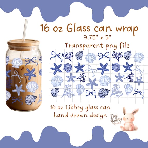 Blue Coastal Seashells Glass Can Wrap, Coquette Bows (PNG)