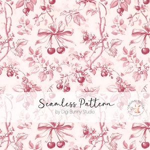 Patrón sin costuras de coqueta de toile de cereza vintage Patrón de tela con lazo chinoiserie rosa Patrón de cerezas repetidas retro femenino Shabby Chic png