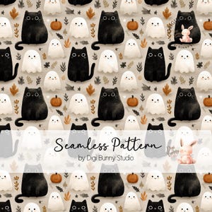 Puede incluir: Patrón sin costuras con gatos negros, fantasmas blancos y calabazas naranjas sobre un fondo beige. El diseño incluye hojas y el texto "Seamless Pattern" de Digi Bunny Studio. También aparece un lindo conejito.
