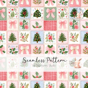 Diseño de tela navideña con estampado de patchwork en tonos pastel y lazo rosa (descarga digital)